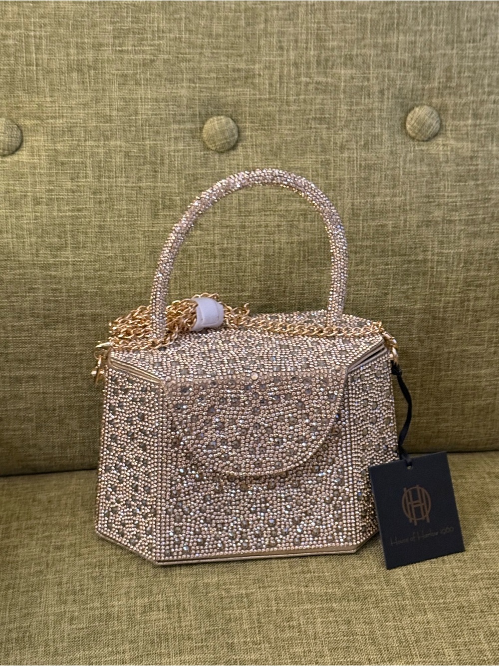 Gold Embellished Crystal Box Top Handle Bag